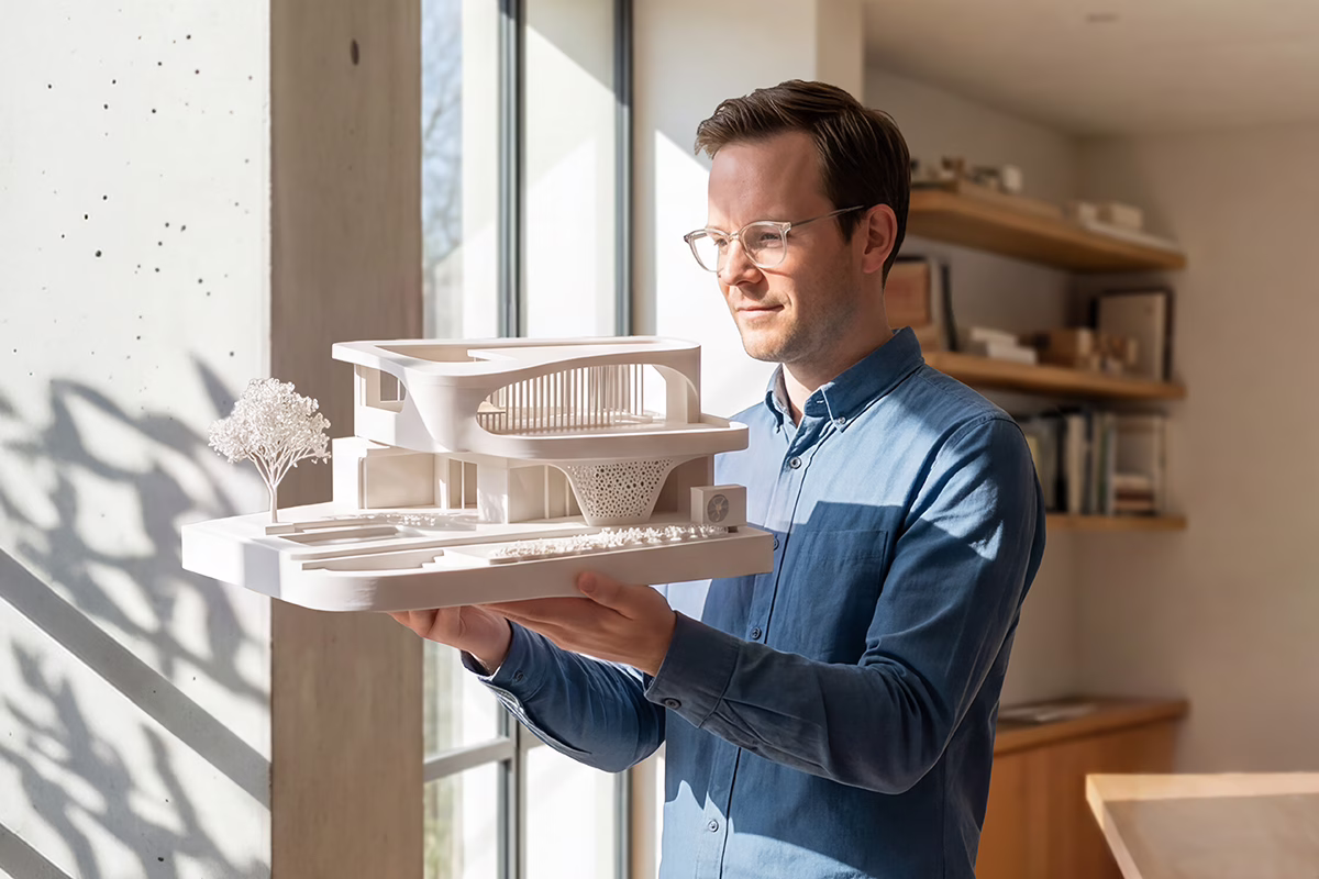 Architekt betrachtet konzentriert ein Architekturmodell im Gegenlicht am Fenster