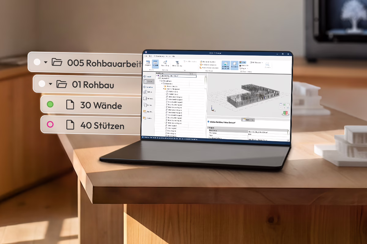 Laptop mit ORCA AVA Software zeigt Leistungsverzeichnis und 3D-Gebäudemodell für Rohbauarbeiten