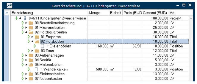 PE EE Funktionsumfang Gewerkeschaetzung Screenshot