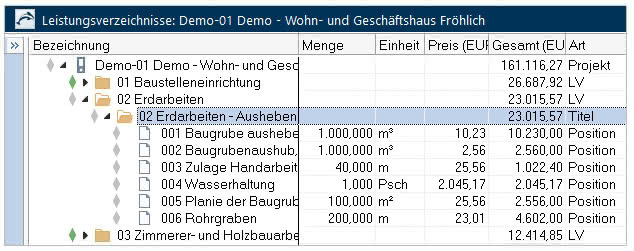 SE PE EE Funktionsumfang Leistungsverzeichnisse